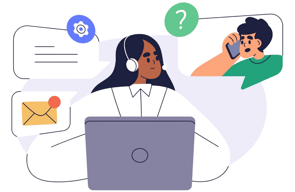 Cartoon of woman on laptop taking phone call from client