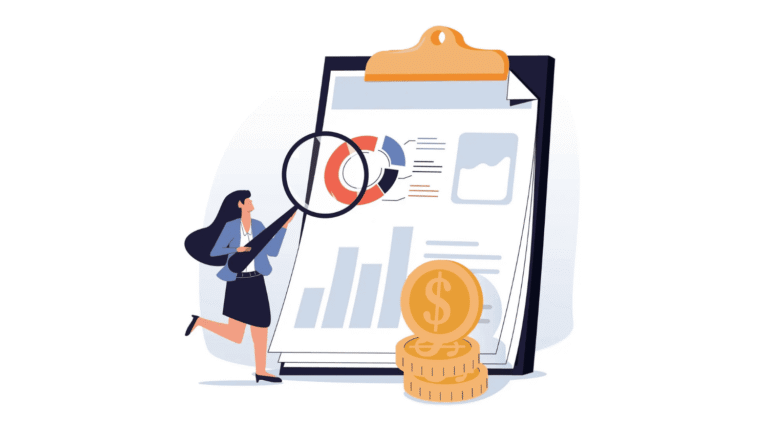 Cartoon of woman holding magnifying glass up to clipboard