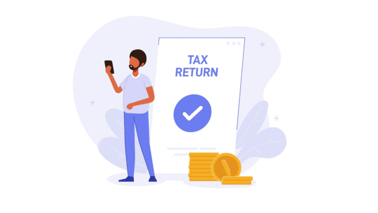 Cartoon of man holding phone in front of tax return
