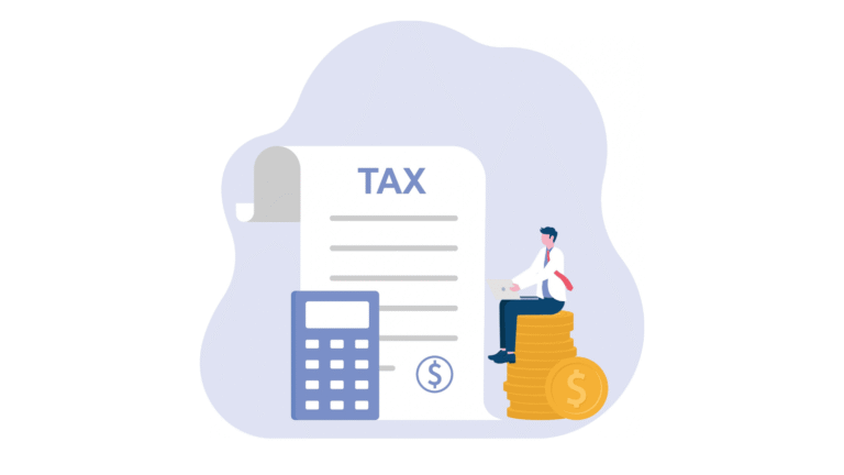 Cartoon of tax document, calculator and man sitting on pile of coins