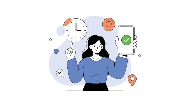 Cartoon of woman holding phone and pointing at clock